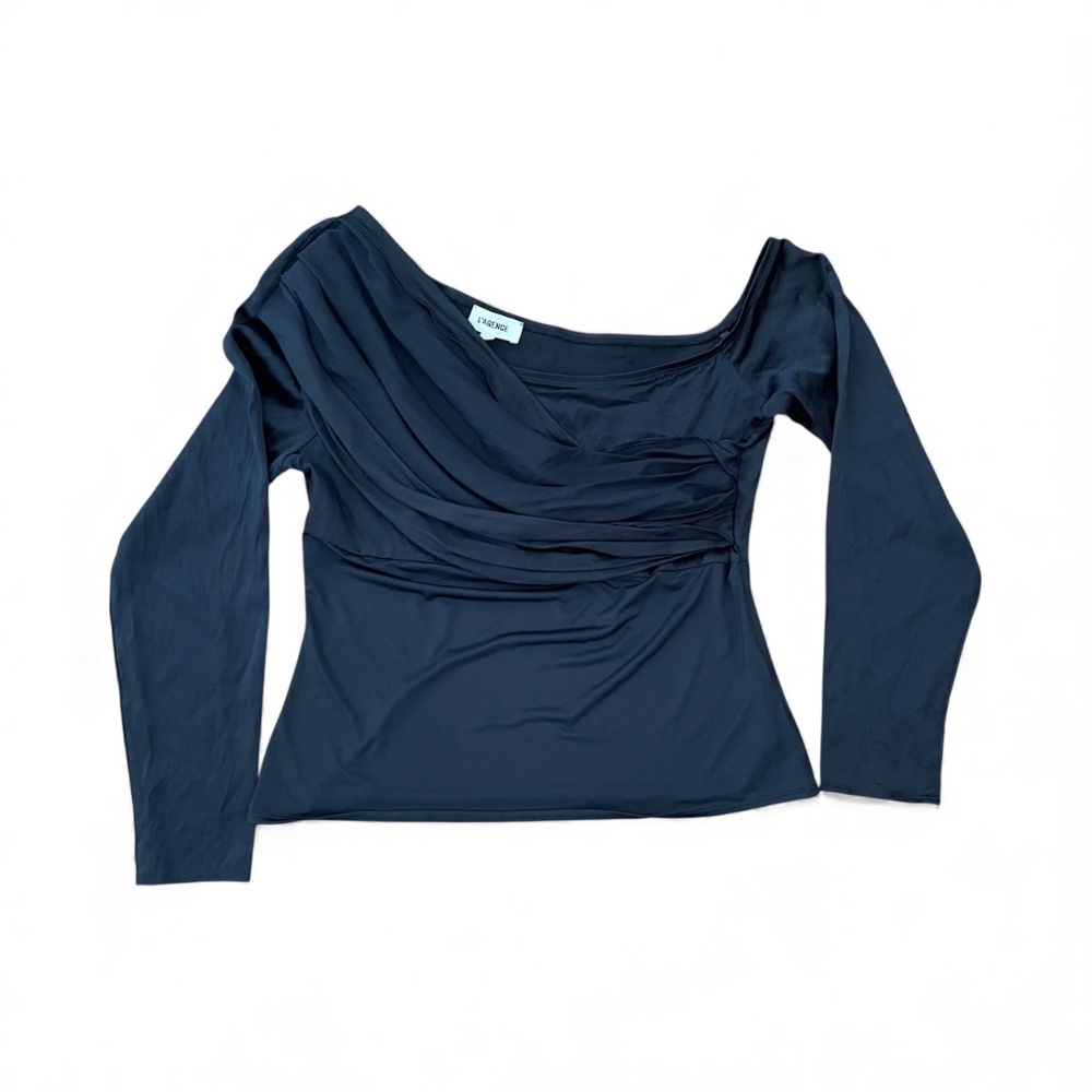 EUC - L'AGENCE‎ Sharma Slim Jersey Bodice Blouse Black Long Sleeve Women's Large - Picture 2 of 10